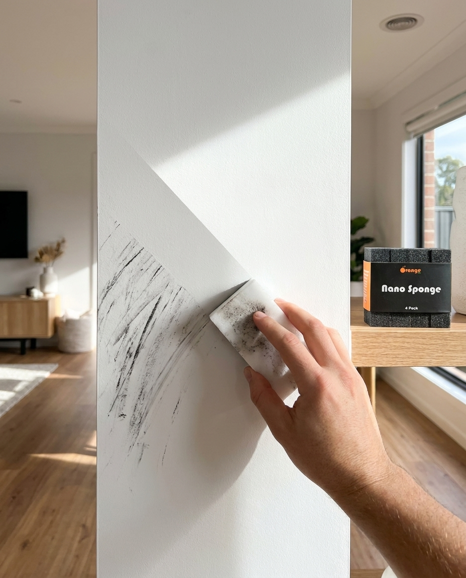 Orange Kleen Nano Sponge — removing scuff marks from wall lifestyle