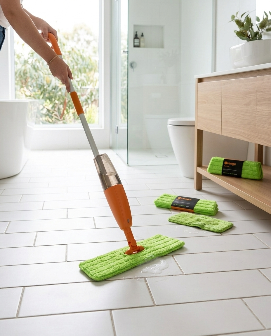 Orange Kleen Deep Clean Green Mop Pads — scrubbing bathroom tile grout lifestyle