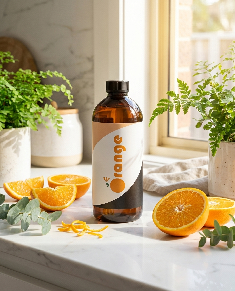 Orange Kleen Natural Concentrate — 1L bottle with fresh oranges marble bench lifestyle