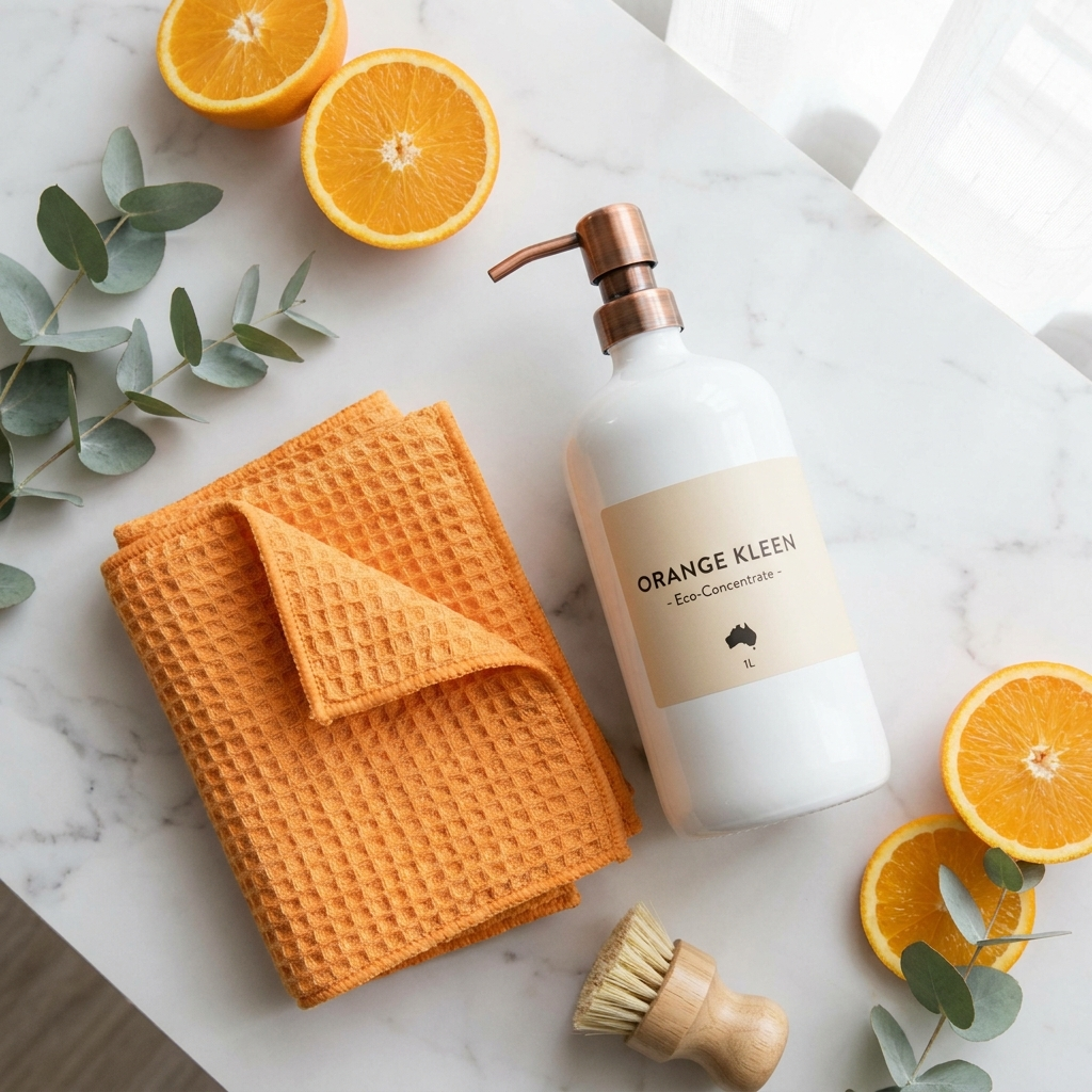 Orange Kleen Starter Kit — concentrate and microfibre pack flat lay