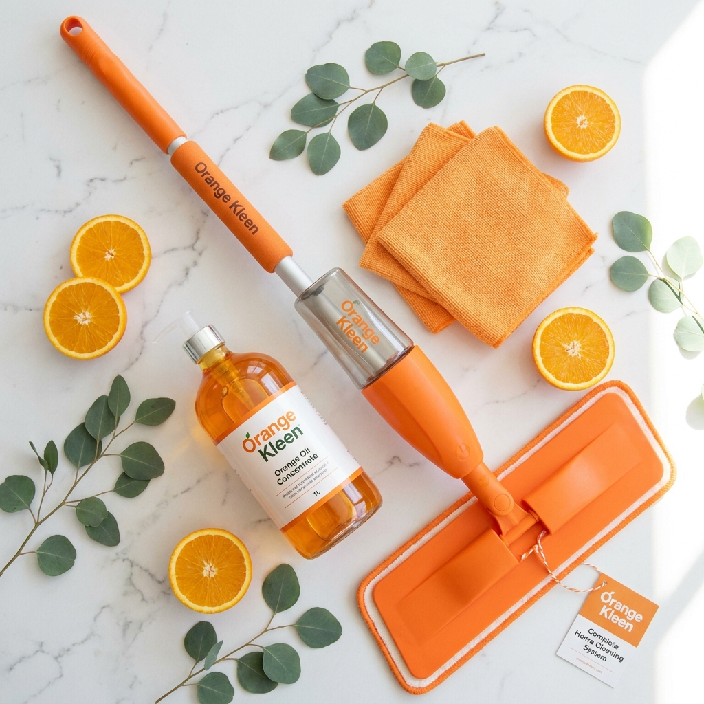Orange Kleen Complete System — mop concentrate microfibre bundle flat lay